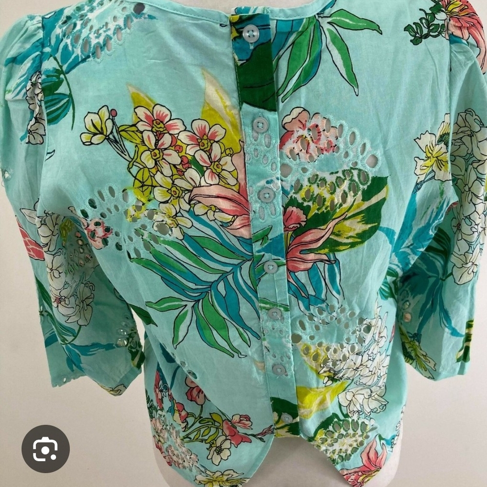 Floral Button-Up Blouse - Aqua and Multicolor